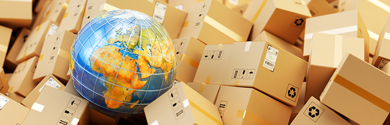 Distribution warehouse, international package shipping, global freight transportation concept